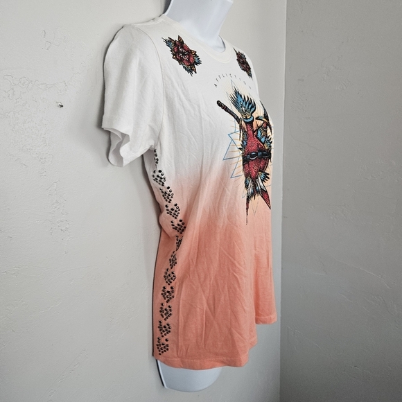Black Label Affliction Women's Small White Orange Ombre Rhinestone Dagger Shirt - Picture 5 of 9